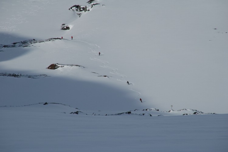 Åker sista biten av Korsa glaciären ner till helikoptern. Heli ski Riksgränsen 28/3 - 2009        Foto: Peter Almer